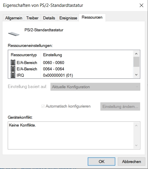 Geräte-Manager: Eigenschaften der PS/2-Tastatur, Registerkarte Ressourcen mit IRQ 01